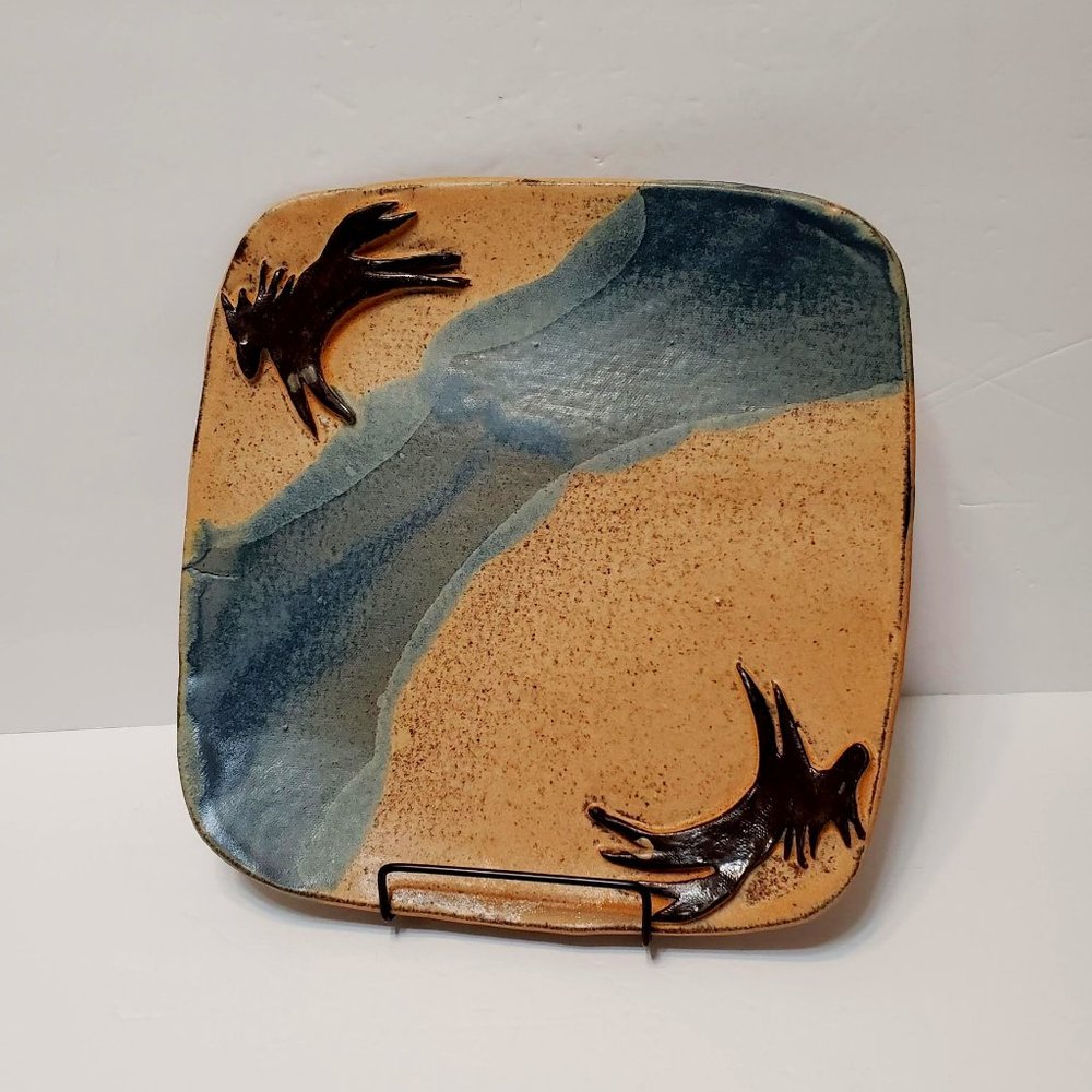 Handmade Studio Pottery Large Square Plate, 3D Horse signed stoneware Blue beige